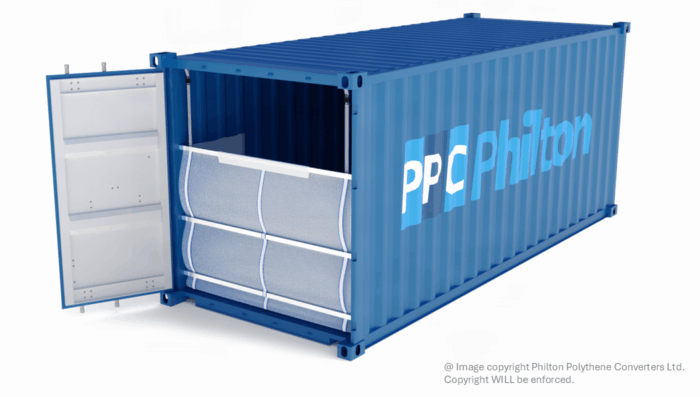 A Bulkhead sheet inside the door end of a shipping container is a low cost option for shipping low value commodities in containers
