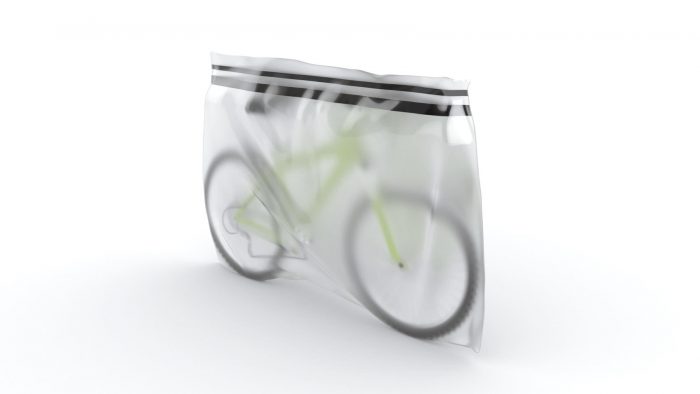 Large ziplock bag with a bicycle enclosed.