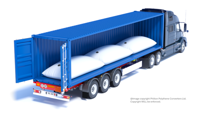 A multiple chamber Flexitank system loaded inside 40’ containers with single or multiple filling valves