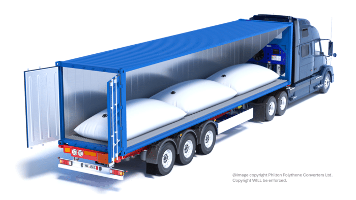 A multiple chamber Flexitank system loaded inside 40’ refrigerated container with single or multiple filling valves