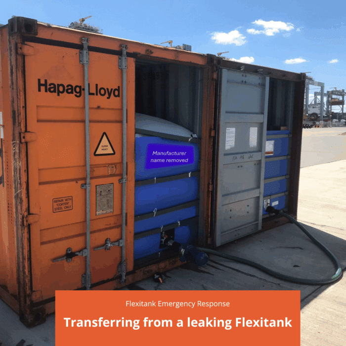 Cross-pumping of liquids between two shipping containers with Flexitanks fitted inside as part of the emergency response services