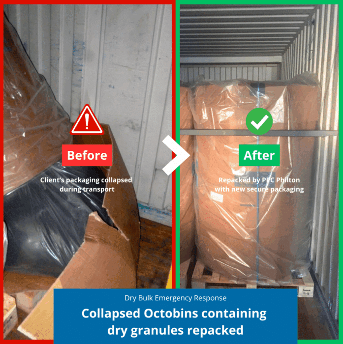 PPC Philton repacking of damaged Octobins during transport